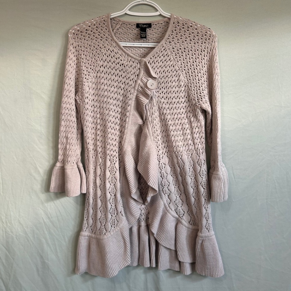 Boho Linen Cotton Blend Ruffle Cardigan Open Knit Crochet Neutral Beige Large